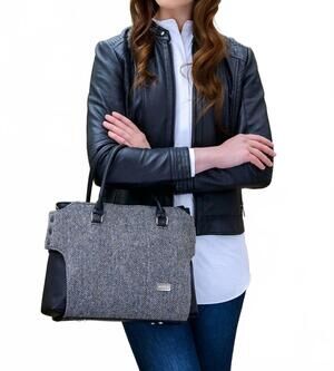 NEW MUCROS WEAVERS women's emily tweed & leather bag in grey herringbone